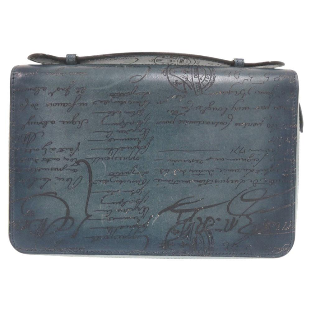 Used AUTHENTIC BERLUTI Itauba Wide Calligraphy Clutch bag blue Leather
