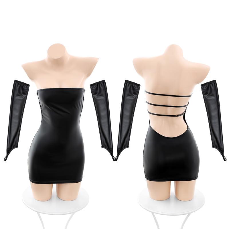 OL Secretary Cosplay Sexy Erotic Black Tight Leather Bodycon Mini Dress Extreme Cute Erotic Costume Pervert Babydoll [Ahegao] Women's