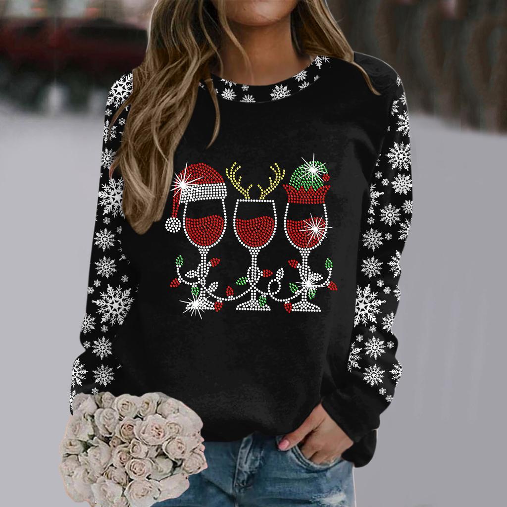 Weihnachts-Sweatshirt Weinglas Hut Schneeflocken-Print Pullover Herbst und Winter Rundhals Langarm Kapuzenlose Oberteile Lässiger Hoodie