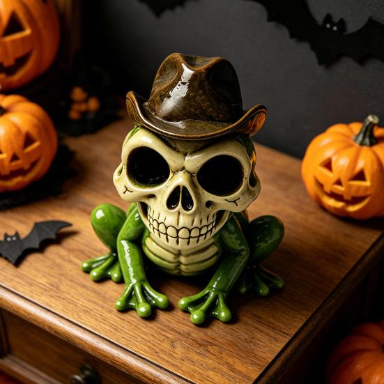 Halloween Skull Frog Figurine, Small Resin Frog Sculpture, Collectable Spooky Frog Ornament for Home Office Table Shelf Decor
