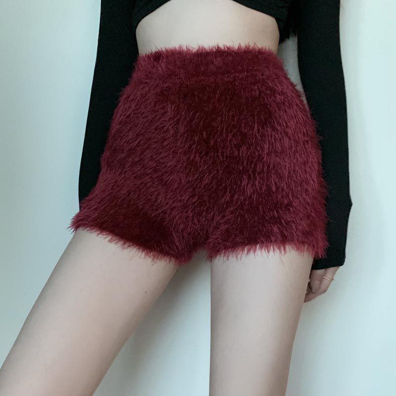 Woman Sexy Shorts Furry Casual Slim Shorts Women's Autumn Winter High Waist Stretch Knit Shorts