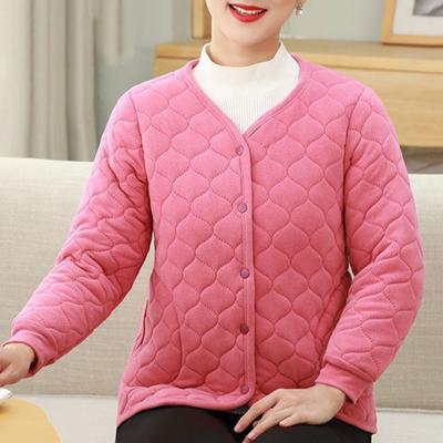 Yousheng Mid-aged Women Jacket Plush Size Thickened Fleece V Neck Single-breasted Slim Fit Long Sleeves Warm Pockets Mother Bottoming Coat