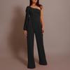 Women's One Shoulder High Waist Tie Solid  Long Sleeve Slim Sexy Jumpsuit