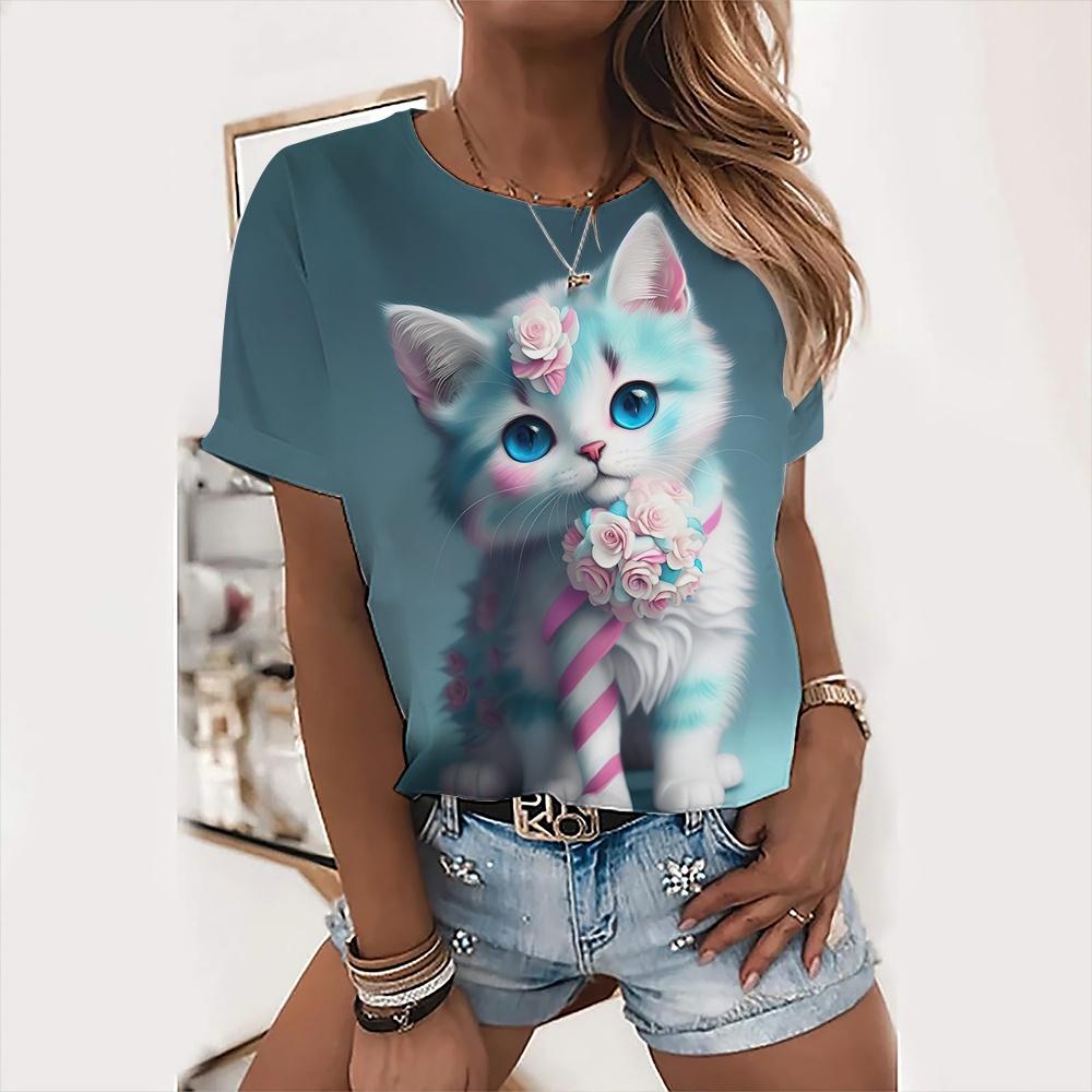 Women's Clothing 3D Cat Printed T-Shirt Cute  Animal T-Shirt Round Neck Short-Sleeved Casual Comfortable T-shirt