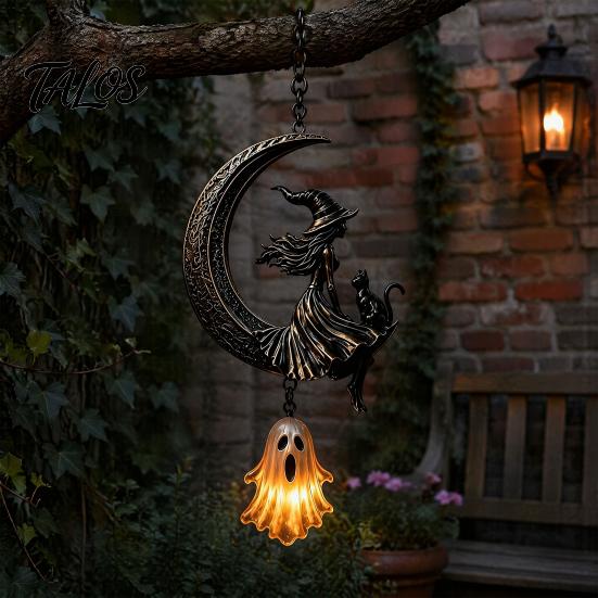 Metall-Rasen-Skulpturen Solarbetrieben Hängende Hexe am Mondlaternen-Anhänger, Rostfreier Außen-Anhänger Lustige Hinterhof-Garten-Dekorationen Licht, Dekorativ Skurril