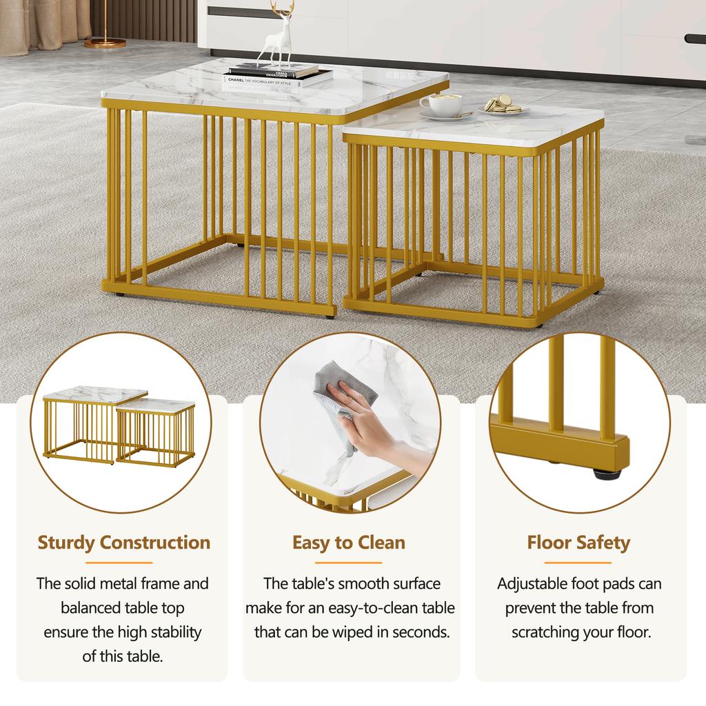 2-teiliges Set quadratische Hochglanz-Marmoroptik Kaffeetische, Stapeltische mit goldenen Beinen, 60*60*45cm und 45*45*40cm, Vielseitig