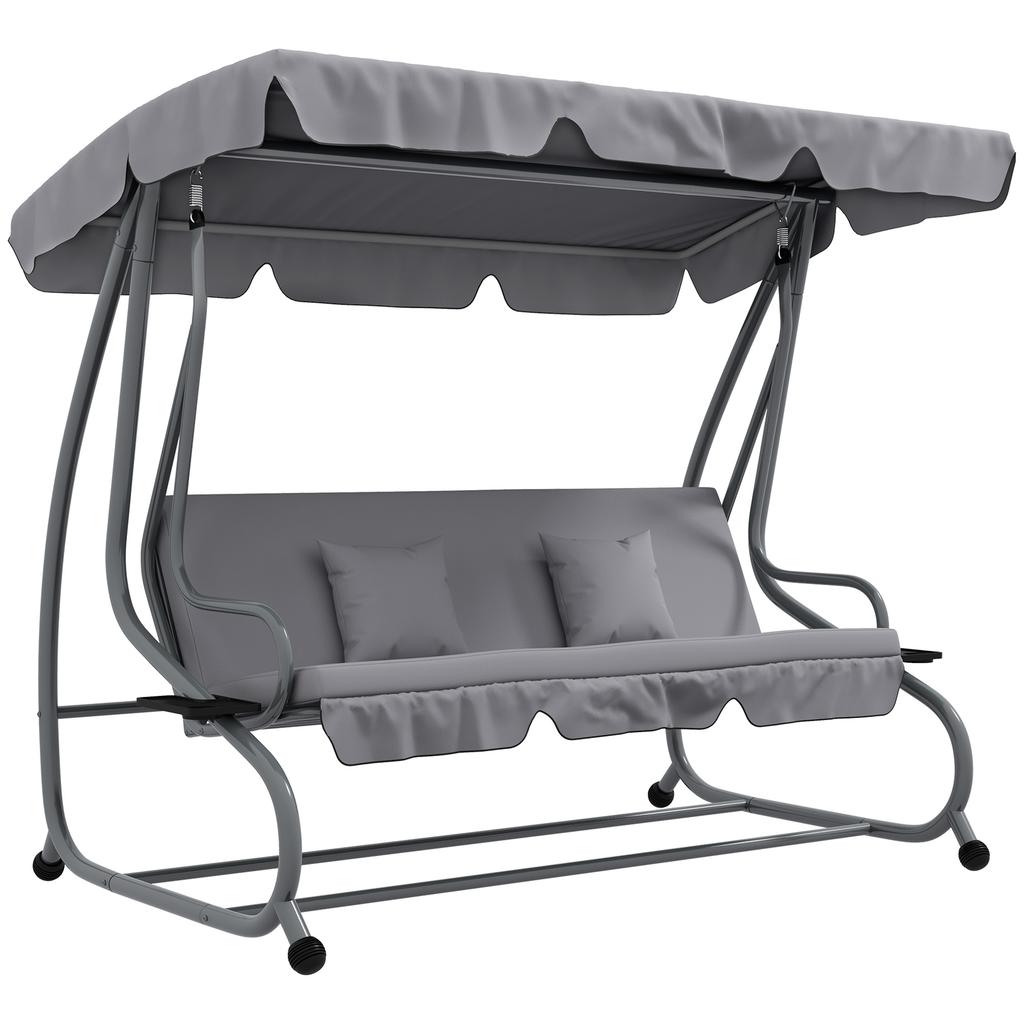 Three-Person Garden Swing Chair, with Adjustable Canopy - Light Grey