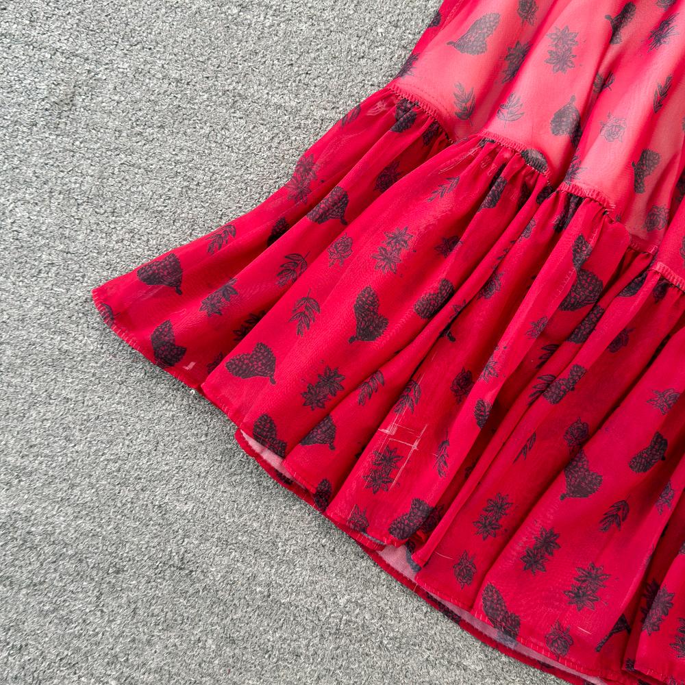 Fashion Dress for Women V Neck A-line Flounced Edge Printing Chiffon Vestidos Lace-up Folds Lining Dresses Summer