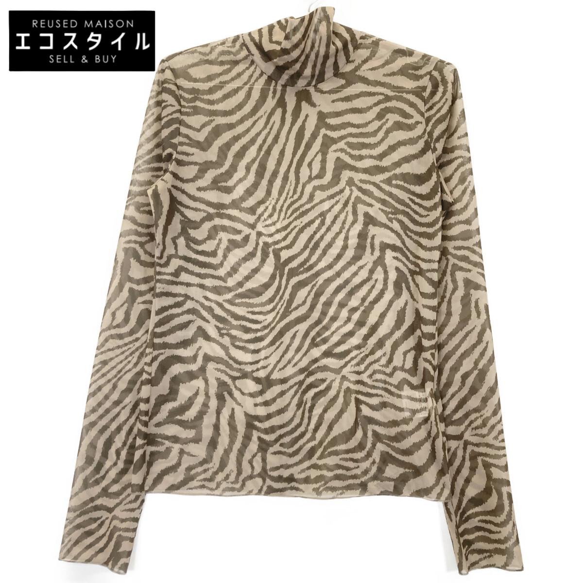 

LE CIEL BLEU 23A62309 Khaki Zebra Print High Neck Sheer Long Sleeve Top tops 38 BrownUsed