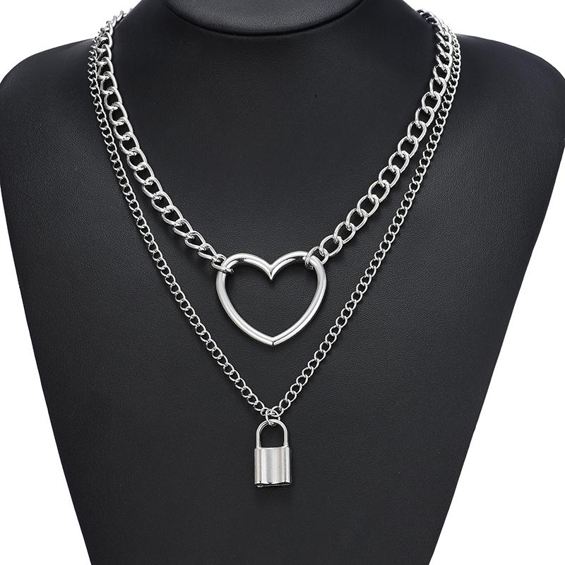 Cute Simple Chain Link Lock Necklace Pendant Women Silver Color Fashion Goth Jewelry Party Punk Maxi Collier Long Necklace Gift
