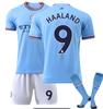 Sada domácího fotbalového dresu Manchester City: Ne. 9 Haaland Fan Edition Tričko pro dospělé a děti – Tréninková a zápasová sada