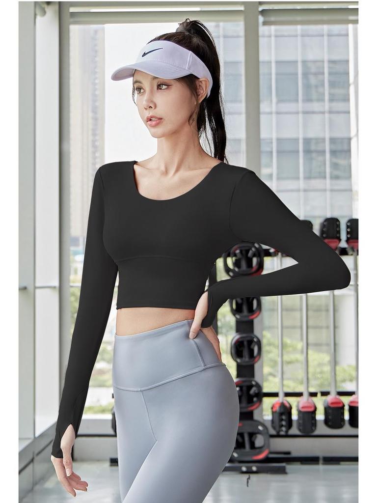 Autumn Quick-Dry Yoga Suit with Chest Pads - Seamless Slimming Long Sleeve Top for Women