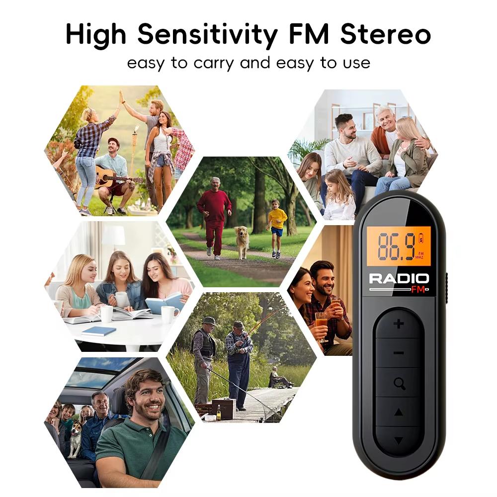Mini Clip FM Radio Pocket Rechargeable Stereo Radio with LCD Display Wired 3.5mm Headphones For Meetings Tours Running
