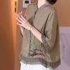WTEMPO Retro Ramie Embroidery T-shirts Women's Ethnic Style Summer Loose Stand Collar Shirts Casual Chic Elegant Tops