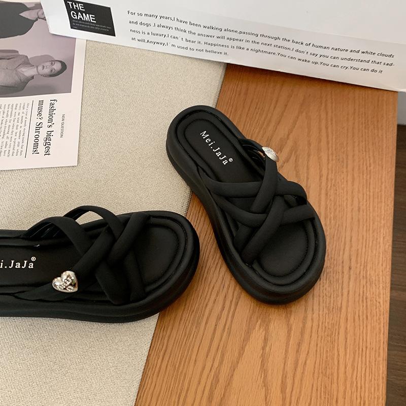 Black Lightweight High-end Thick-soled Heightening One-word Slippers Women's Summer Wear 2025 New with Skirt Cool Slippers