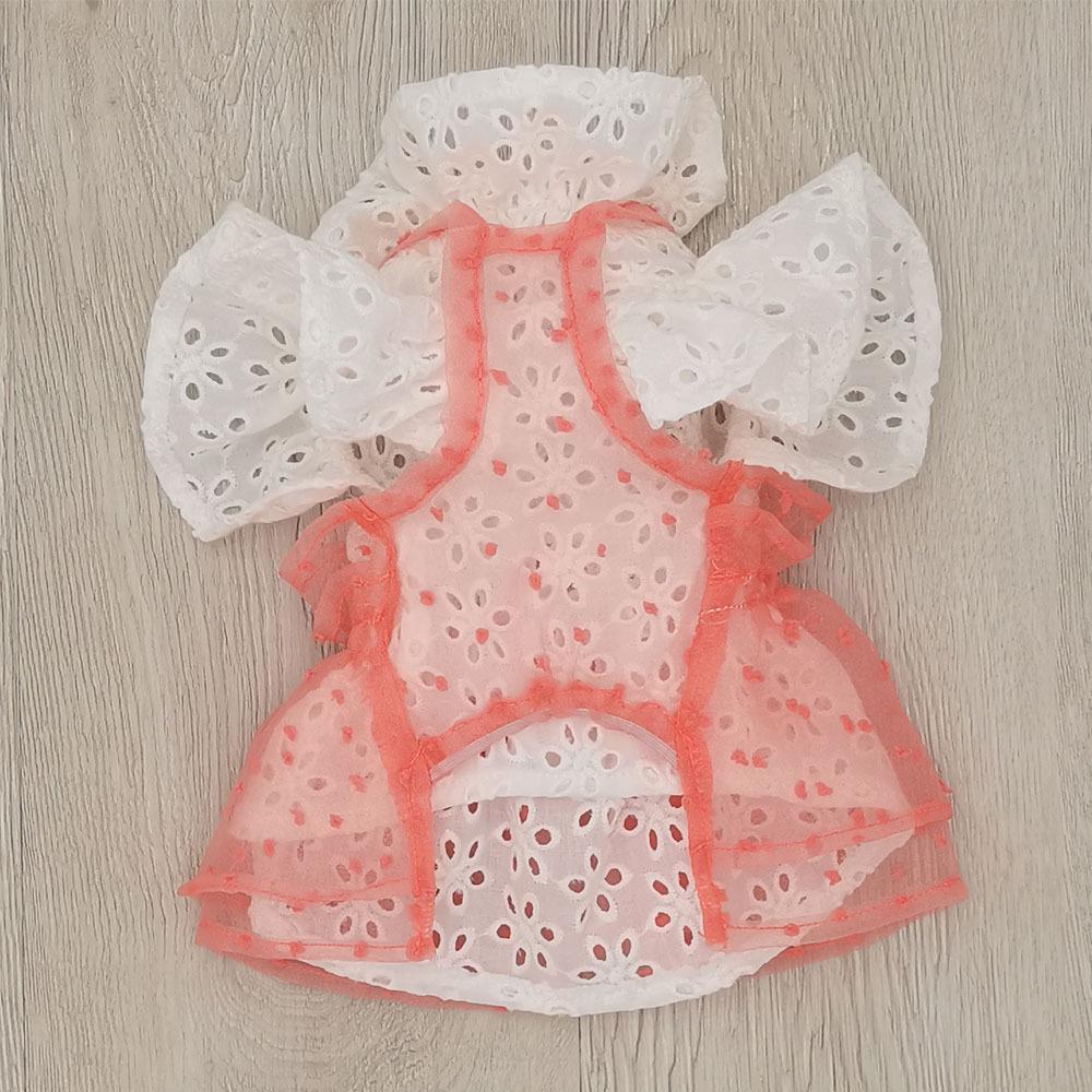 Pet Tulle Dress: Cotton Hollow-Out Lace Top with Flutter Sleeves & Ruffle Collar