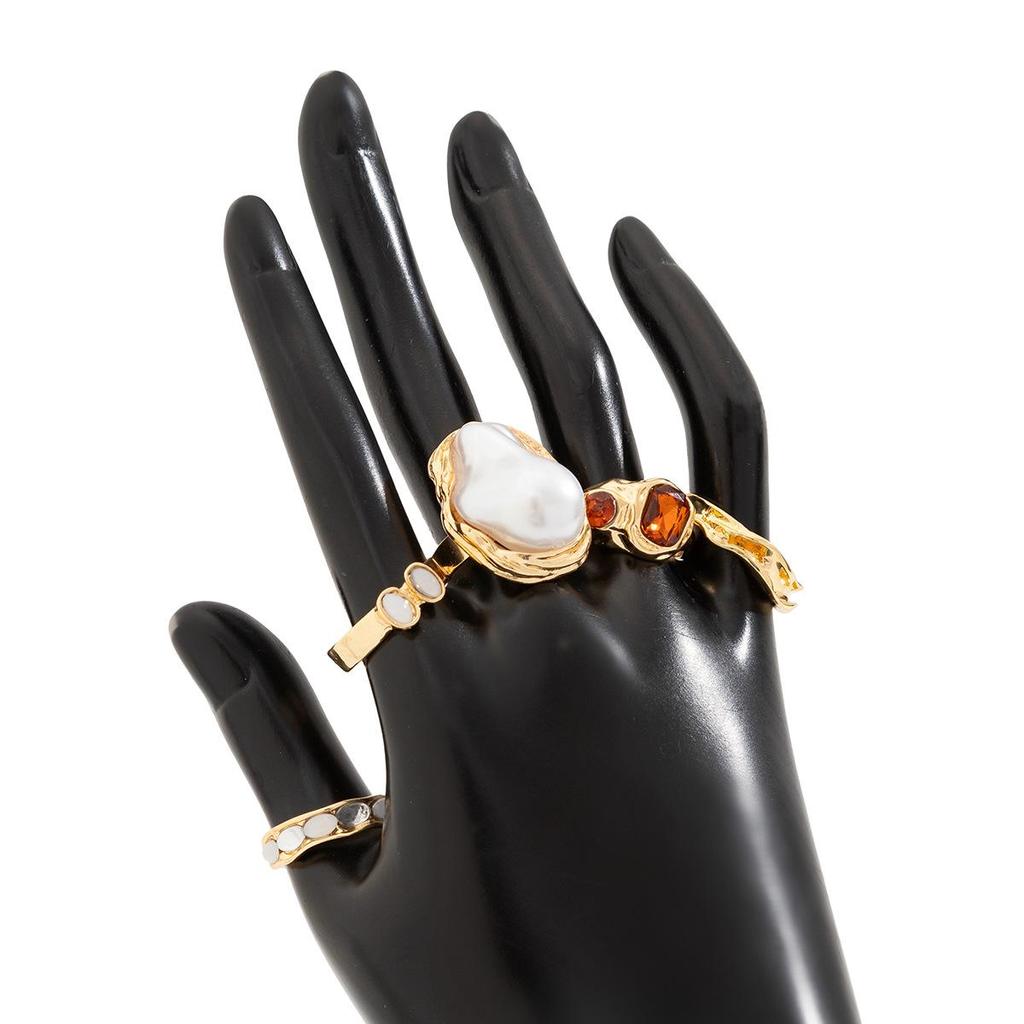 6Pcs Design Liquid Lava Flower Opening Ring Ins Baroque Imitation Pearl Set Gemstone Ring