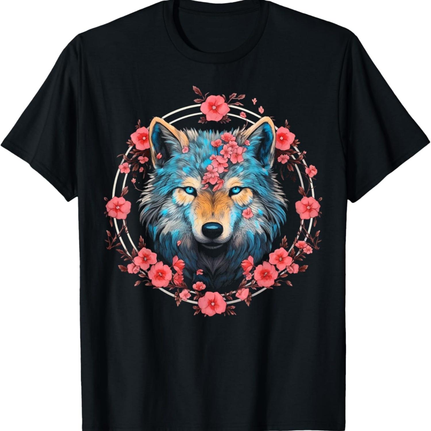 Wolf Blue Eyes Artwork _ Cherry Blossoms Wolf T-Shirt S чёрный