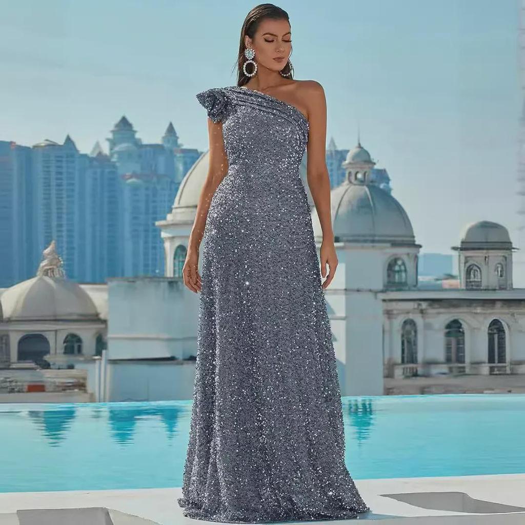 2024 Silver Sequined Off-Shoulder Backless Evening Gown