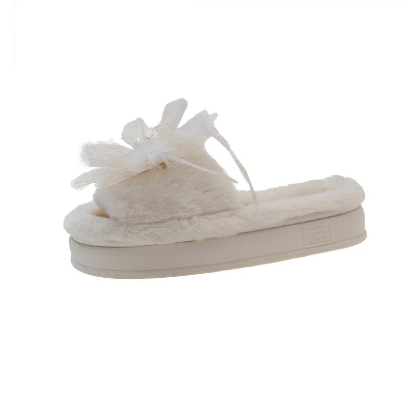 Women One-word Slippers Winter New Outdoor Non Slip Fashion Flower Plush Shoes Lightweight Comfortable Soft Sole Warm Home Shoes