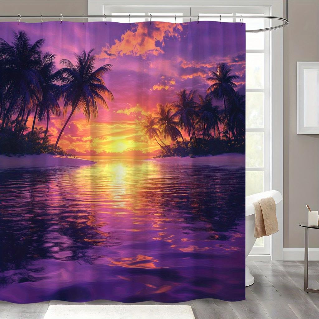 1 Stück Lila Sonnenuntergang Warmes Ozean-Thema Digital Bedruckter Duschvorhang, Polyester Duschvorhang Mit Haken, Badezimmerzubehör,