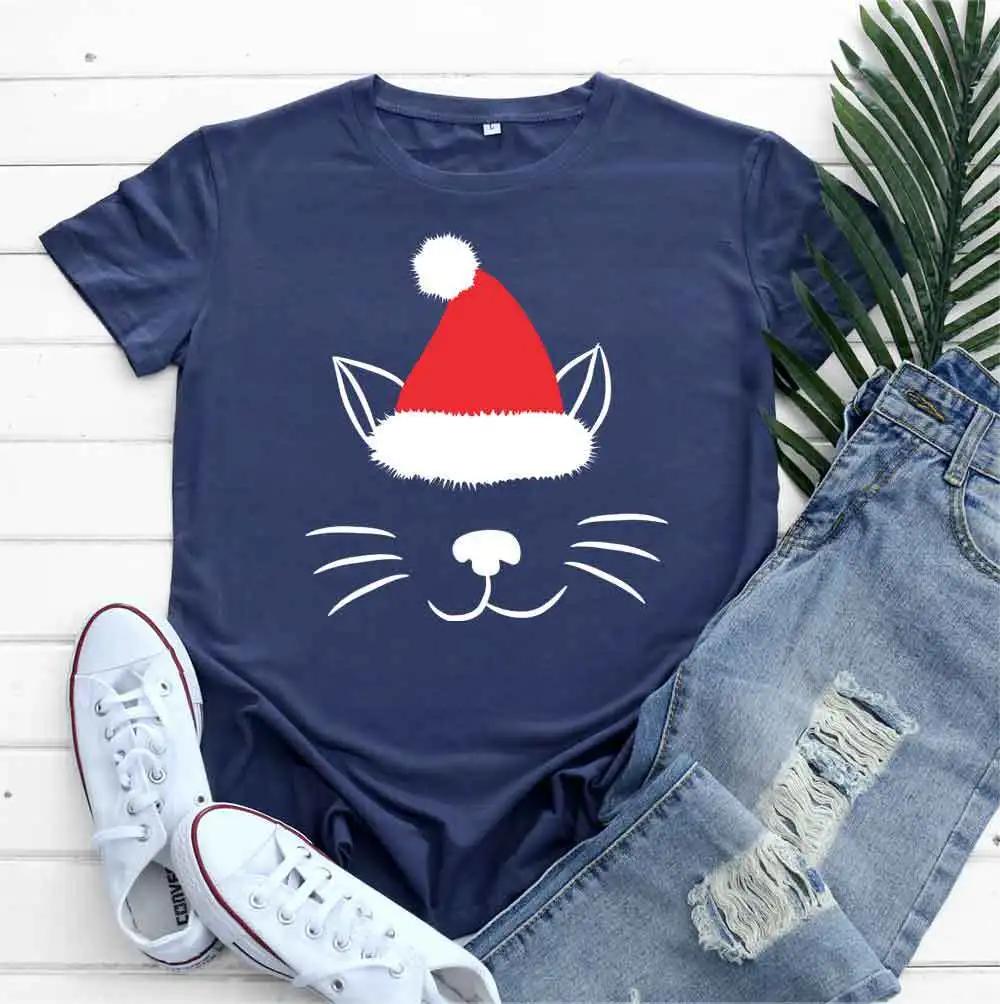 Christmas Hat Cat Face Print T Shirt Women Short Sleeve O Neck Loose Tshirt Women Tee Shirt Tops Camisetas Mujer