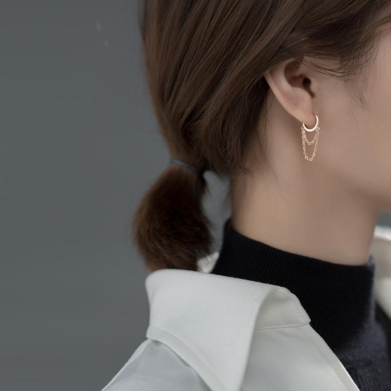 925 Sterling Silver Trendy Geometric Link Chain Tassel Hoop Earrings for Women Girls Party Gift Fine Jewelry