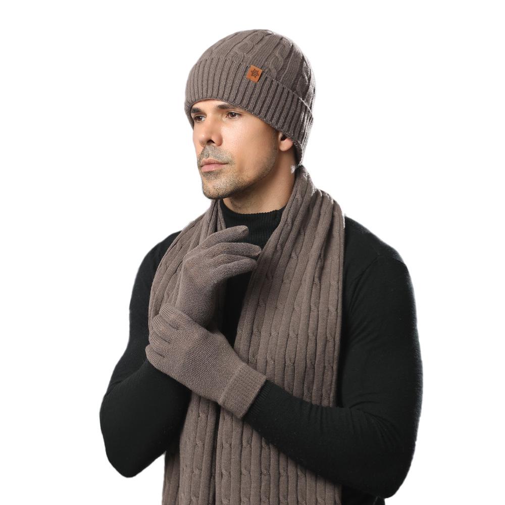 Men's Winter Plus Velvet Knitted Hat, Scarf & Gloves Set - Thick, Cold-Proof for Outdoor Cycling.