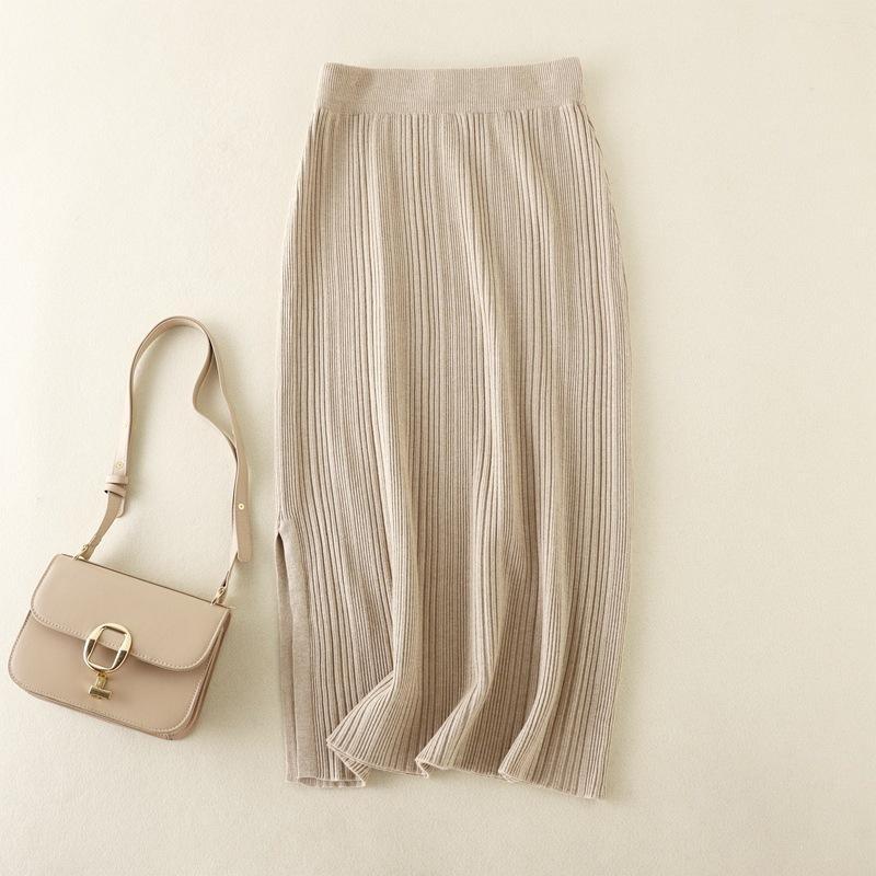 Autumn Winter Solid Color All Match High Waist Knit Sweater Skirt For Women Chic Split Hips Skirts