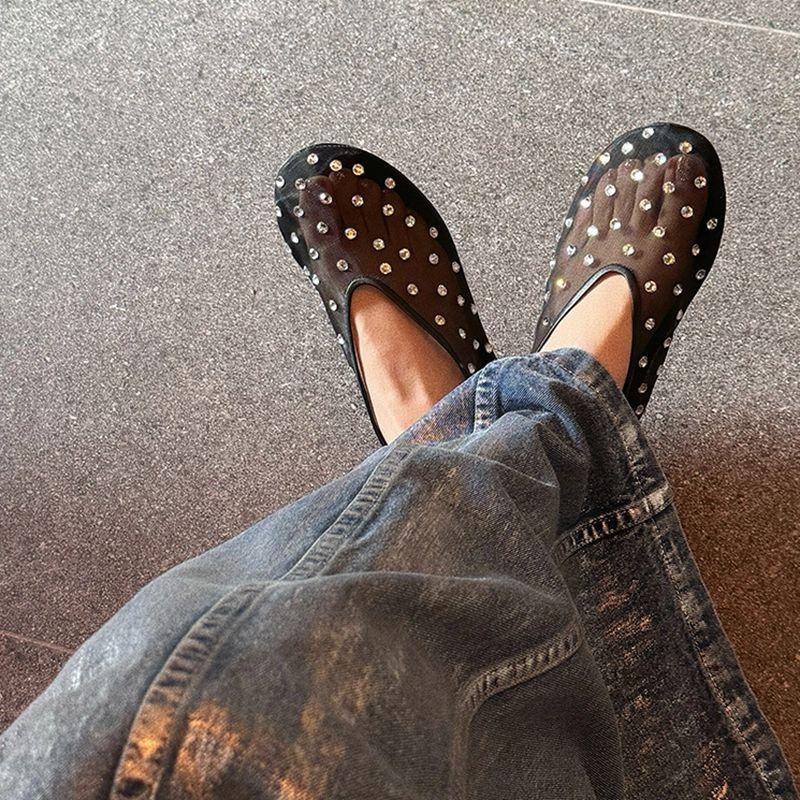 Crystal Women Ballet Flats Mesh Dance Flat Shoes Casual Driving Walking Loafers Espadrilles Ladies Slip-on Lazy Shoes
