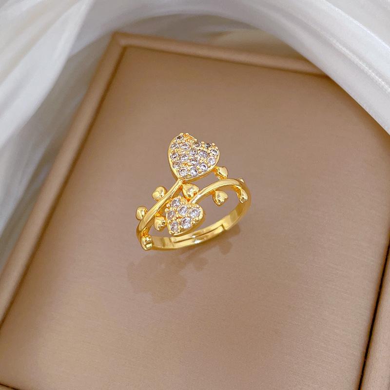 Real Gold Full Diamond Love Zircon Personalized Opening Adjustable Light Luxury Jewelry Japanese Ring Couple Ring
