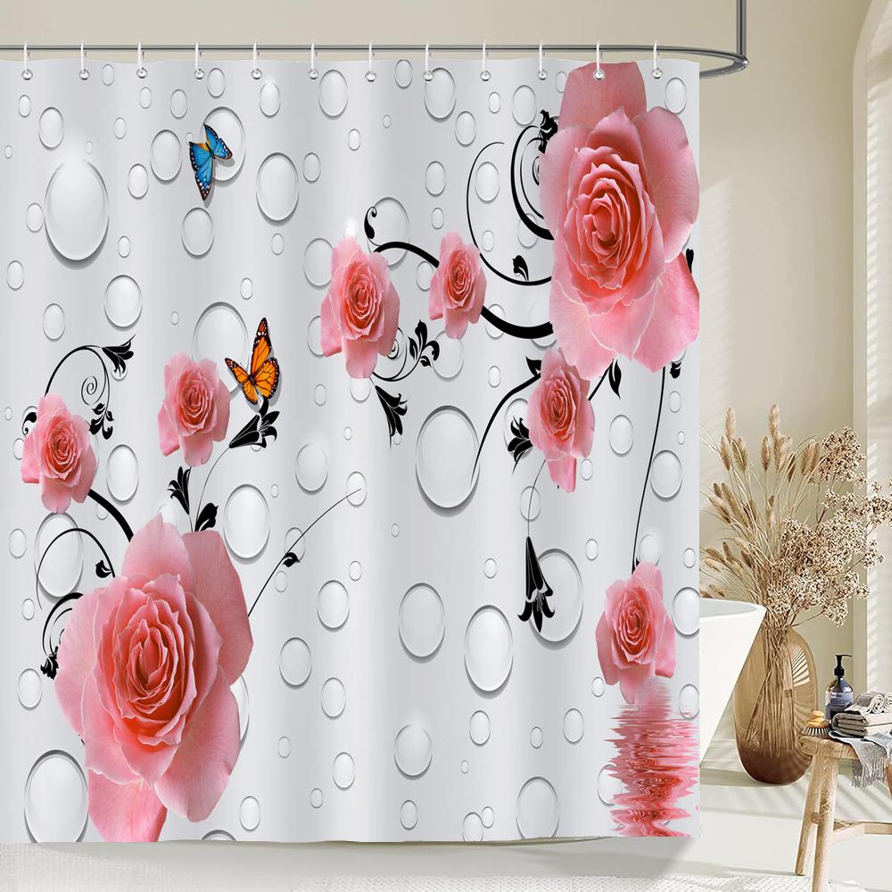 Beautiful Flower Butterfly Art Fabric Shower Curtain,Rose Decor Bathroom Shower Curtains with Hooks,Waterproof Bathroom Curtains