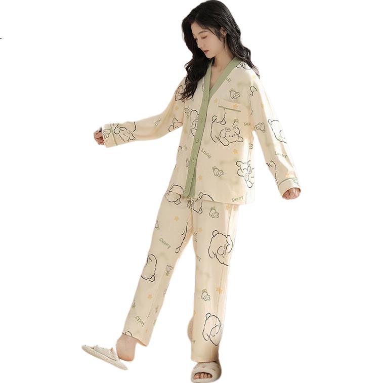 LangSha Women's Pajamas, Spring And Autumn Style, 2026 New Long-Sleeve Cardigan Set, Loose-Fitting Printed Ladies' Loungewear