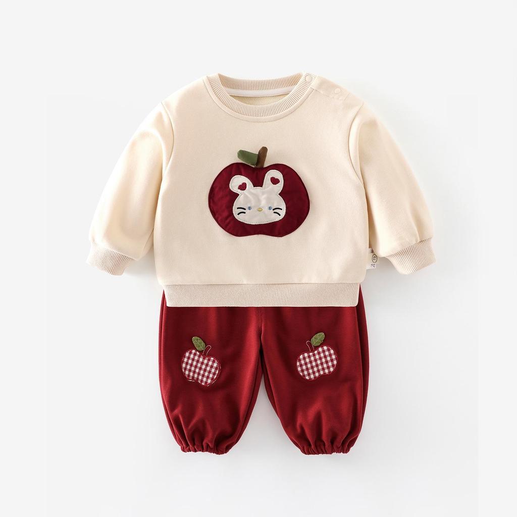 Girls' Fashionable Rabbit Applique Pullover & Apple Sweatpants Set