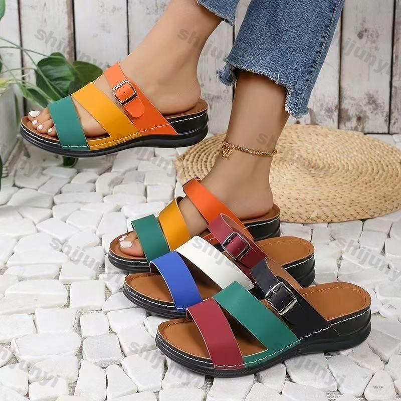 Large Size Wedge Women's Shoes 2025 New Peep Toe One Word Slippers Comfortable Breathable Square Button Casual Sandals