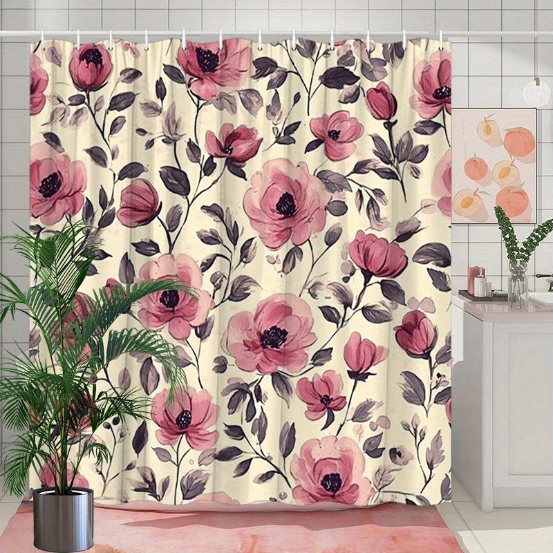 Polyester Shower Curtain - Pink Peony Floral on Soft Cream, Vintage Romantic Aesthetic, Washable & Line Dry, Bathroom Decor
