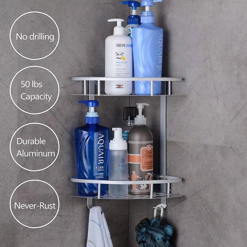Modern Polished Dual Aluminum Corner Shower Caddy Stainless Steel Shelf No Drilling Wall Mounted Adhesive Bathroom Organizer
