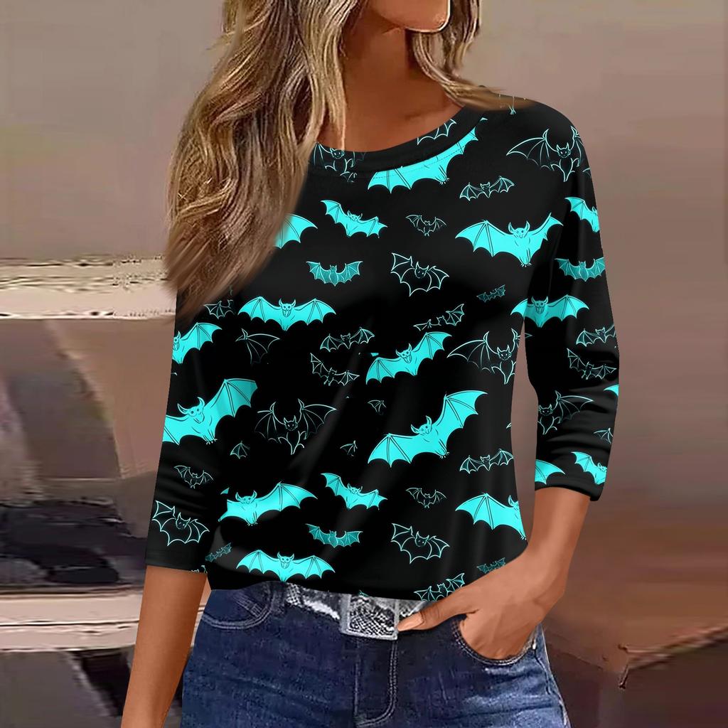 Women's Halloween T-Shirt Three Quarter Sleeve Round Neck Loose Fit Casual Blouse Top Fall Party Costume Outfit Print