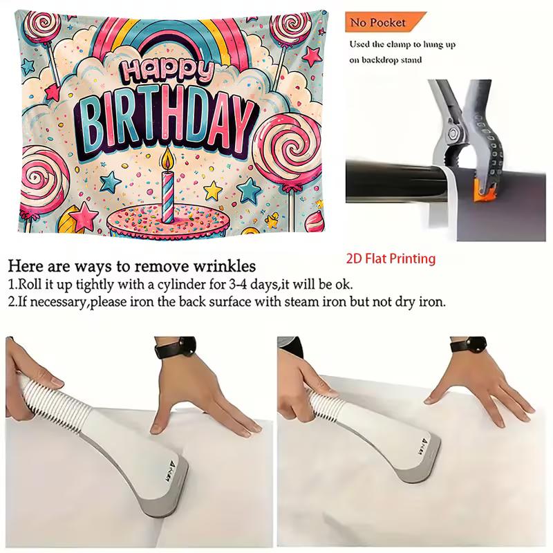 2D Candyland Birthday Backdrop, Pastel Rainbow, Lollipops and Cake Background Cloth