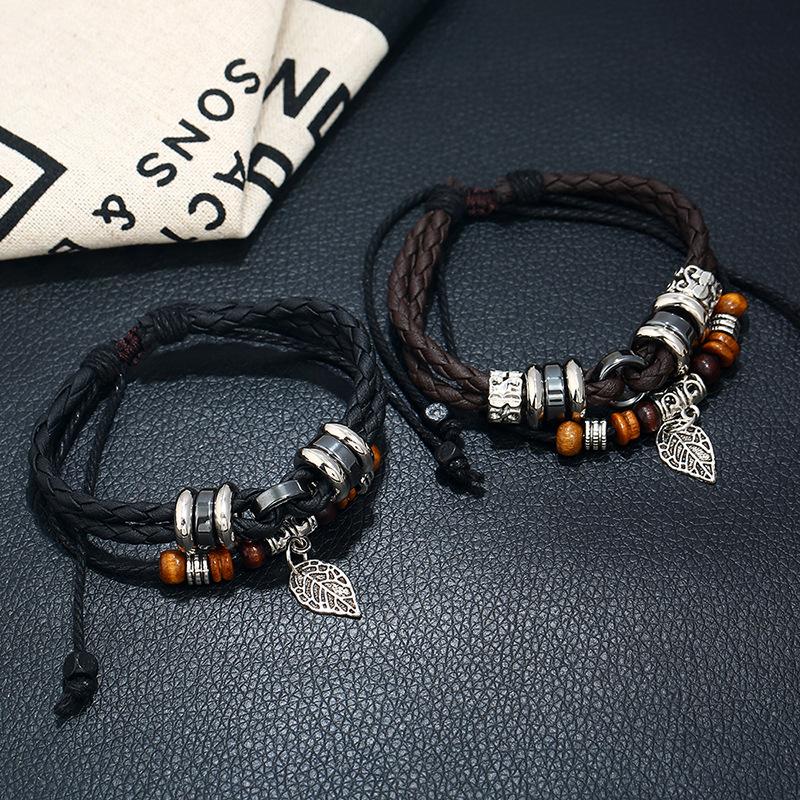 Creative Multi-layer Woven Leaf Pendant Men's Leather Bracelet