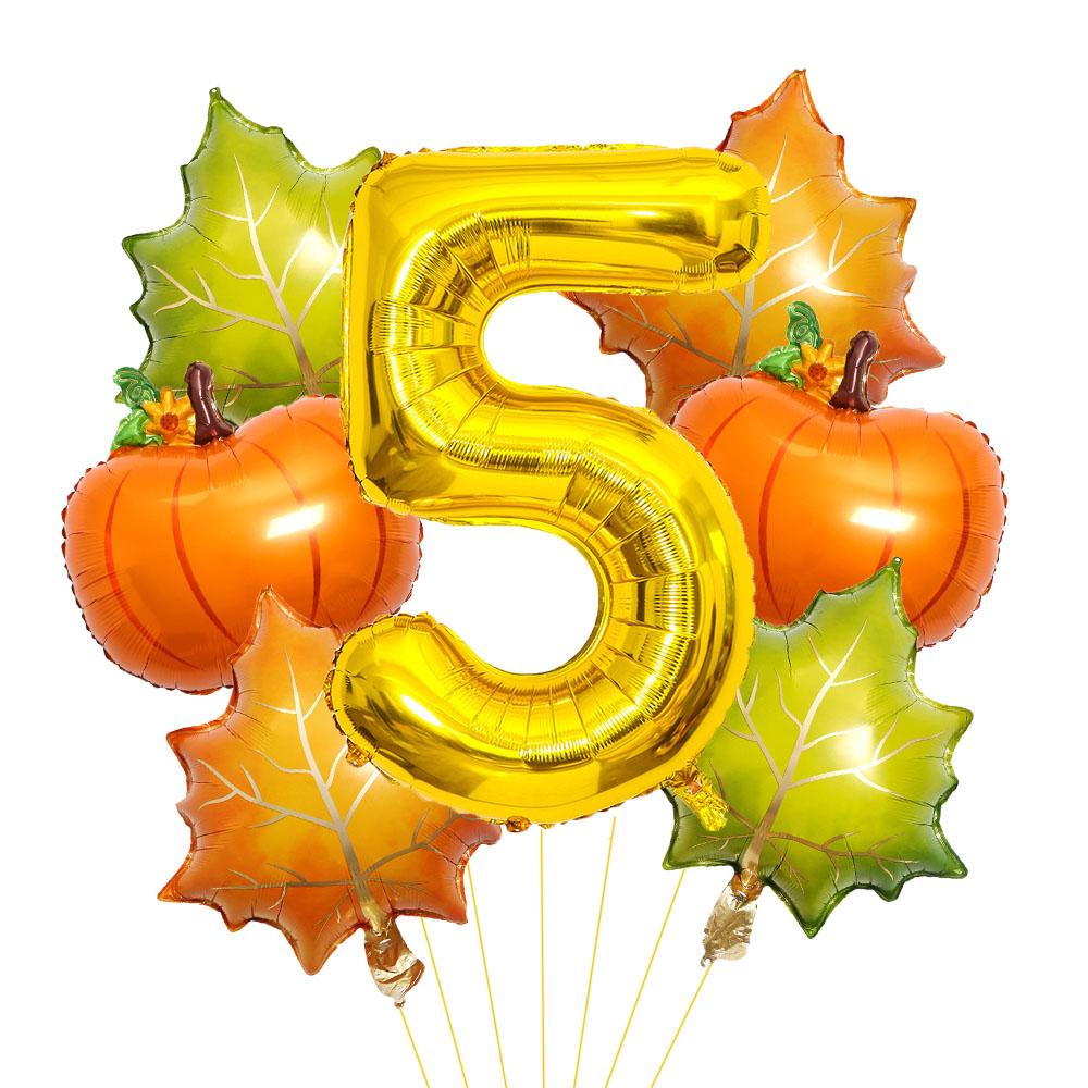 7pcs Pumpkin Maple Leaves Balloons Set 32inch Gold Number Balloon for Fall Party Thanksgiving Party Decoration