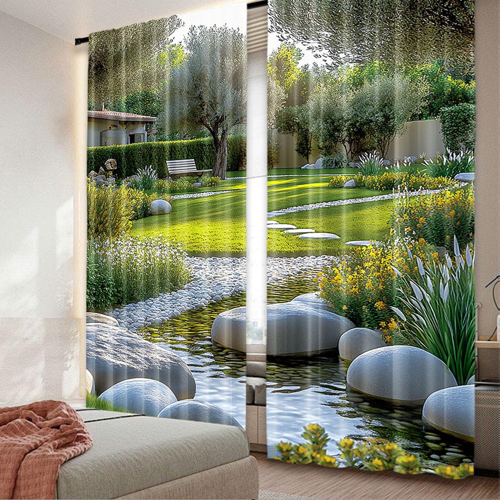 Garden Curtains Japanese Park Style Recreational View Pond Grass Stones Trees Landscape Bedroom Bathroom Set Of 2 Made Polyester Sleeping Area Decor W100*H70(CM)-Rod Pocket&2PCS