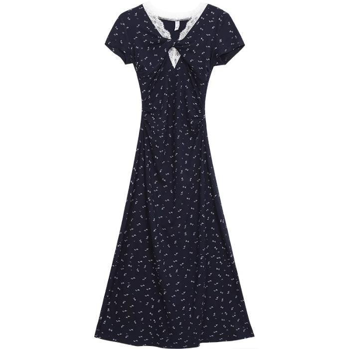 

French blue v-neck lace floral dress children s spring and summer temperament waist-wrapped hip dress S