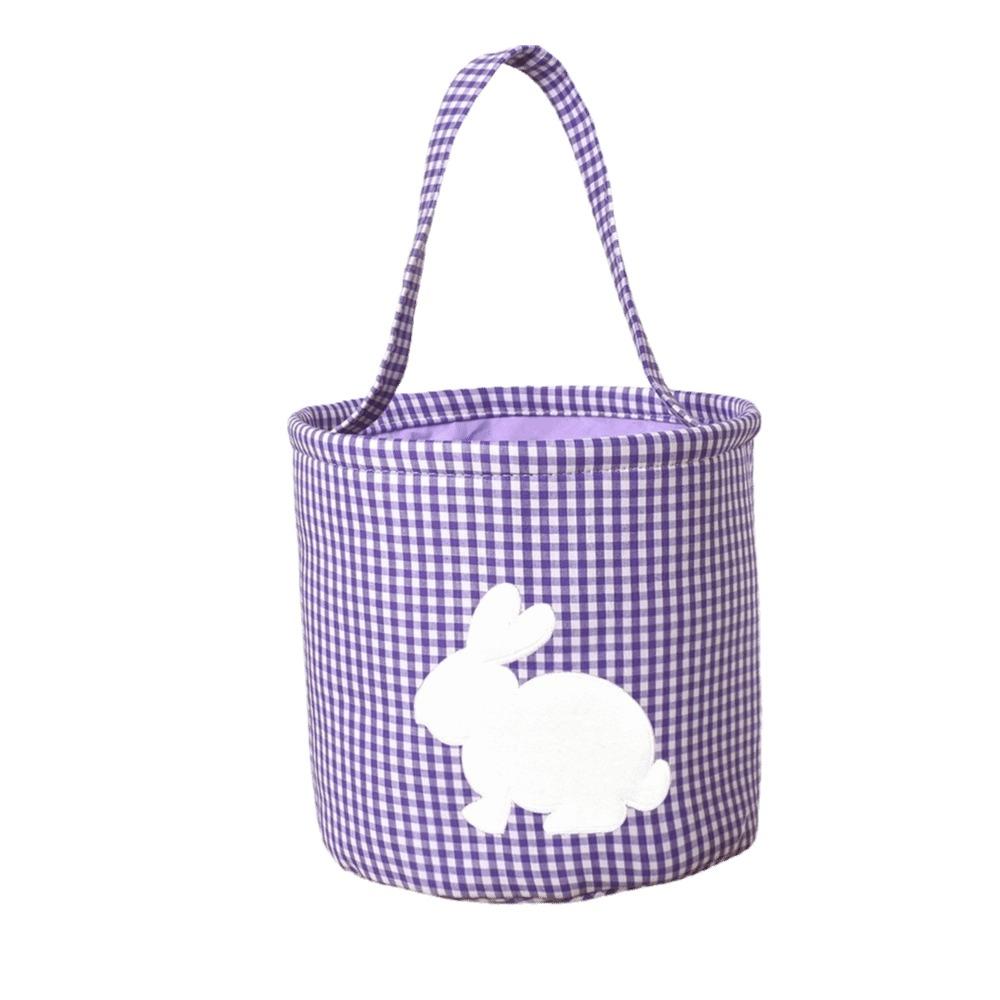 Reusable Embroidery Easter Rabbit Basket Cloth Plaid Easter Egg Hunt Basket Tote Style Decorative Storage Bag School Event