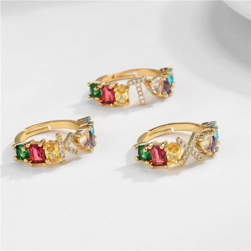 Copper Adjustable A-Z 26 Initial Letter Ring For Women Crystal Gold Color Cubic Zirconia Bohemian Wedding Jewelry Gift VRI303