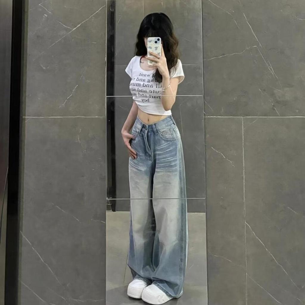Dámské retro distressed džíny se širokými nohavicemi - Vysoký pas, Bělené, Volný střih na jaro/léto.