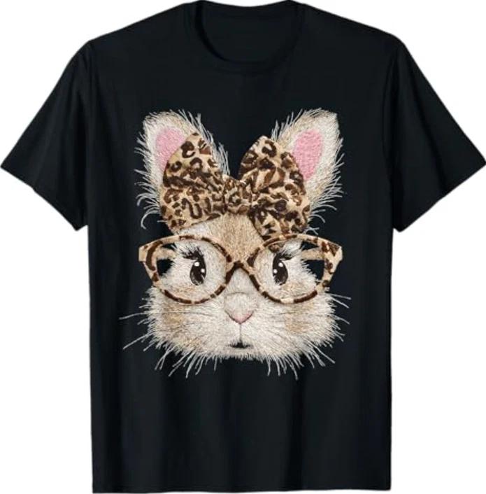 Funny Bunny Face Glasses Bandana Leopard Rabbit Happy Easter T-Shirt 2XL