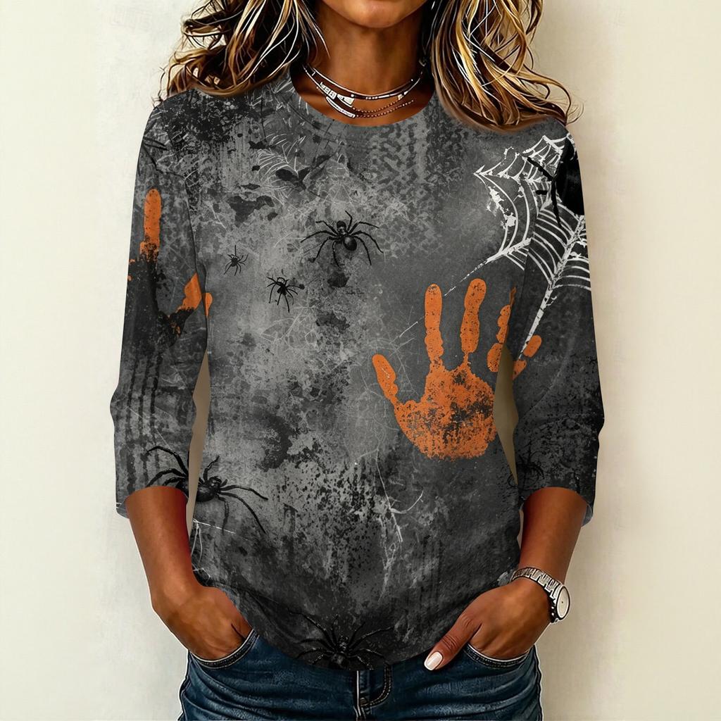 Women's Casual Round Neck Three Quarter Sleeve Halloween Print T Shirt Top Lightweight Comfortable Fit for Daily Wear