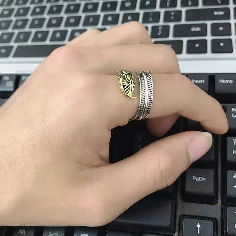 Retro Domineering Feather Eagle Spread Its Wings Open Ring Men's Ring