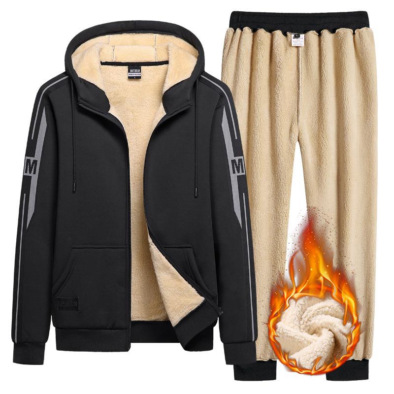 Winter Sport Anzug Plus Samt Gepolsterte Jacke Casual Männer Plus Größe Pullover Lamm Samt Zwei-Stück Set